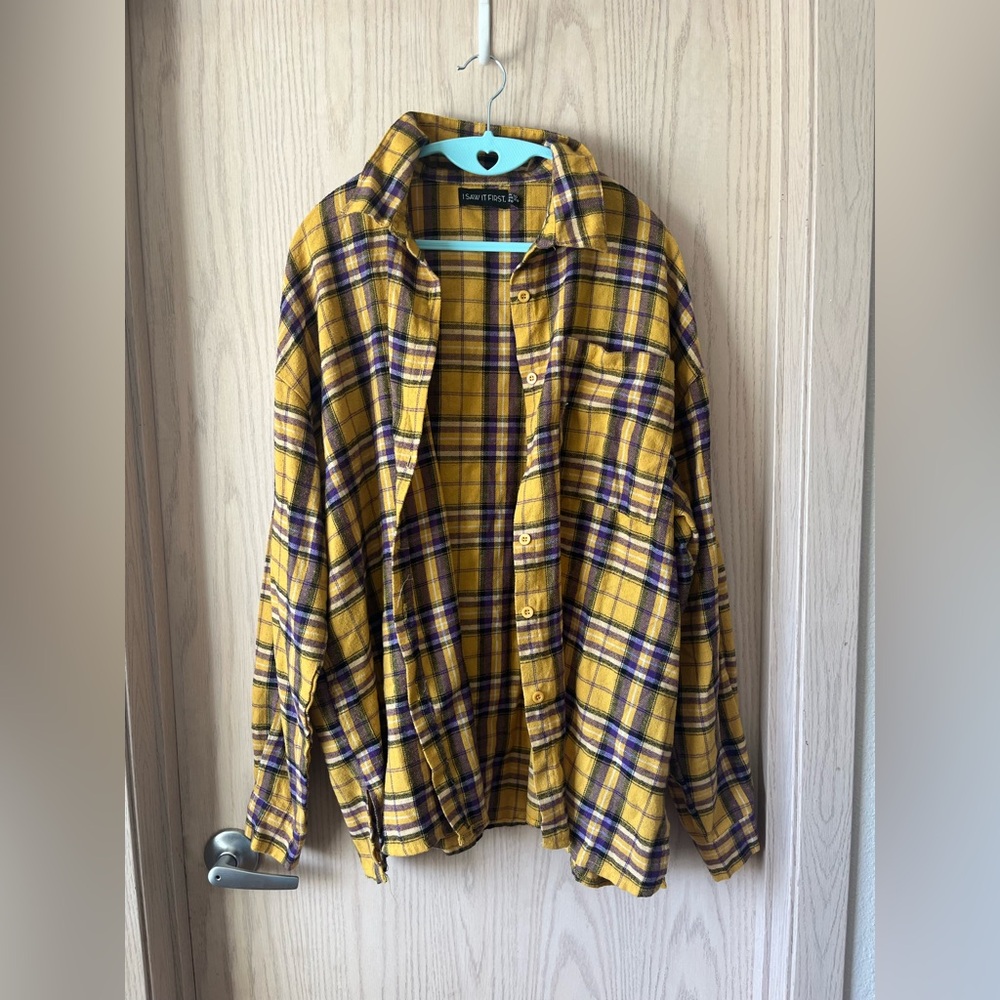 I Saw it First: Purple Yellow Plaid Button Up Cotton Long Sleeve Flannel Shirt